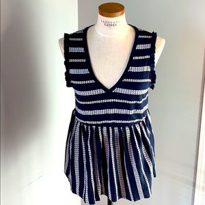 Navy and White Printed Tank with Ruffle Sleeves